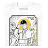 A folded white shirt with gold and black ink depicting Pope Leo wearing a White Sox hat with a pigeon on his shoulder. He's surrounding by Chicago style hotdogs, baseballs, and flowers. Black text in the top right corner says, "POPE LEO XIV" and at the bottom reads "GOD'S FAVORITE SOX FAN."