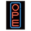 A vertical RAYGUN neon sign with a blue border framing the red, stacked letters OPE.