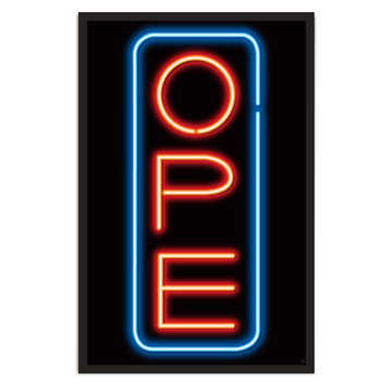A vertical RAYGUN neon sign with a blue border framing the red, stacked letters OPE.