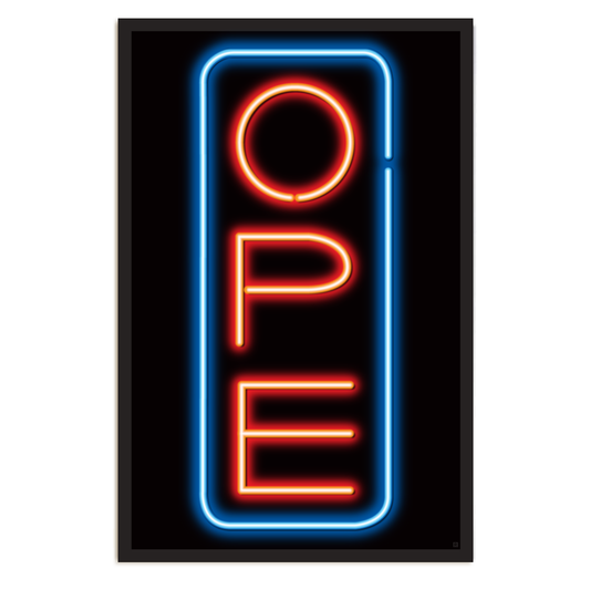 A vertical RAYGUN neon sign with a blue border framing the red, stacked letters OPE.