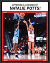 Nebraska basketball player number 22, wearing a Natalie Potts t-shirt, takes a jump shot while being defended by an opponent during a game.