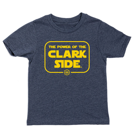 Dark gray heather RAYGUN t-shirt with a yellow graphic that says The Power of the Clark Side inside a rectangle with a basketball icon at the bottom.