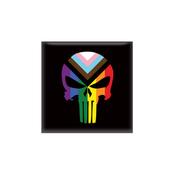 A square black magnet with the punisher logo in progress pride flag colors.