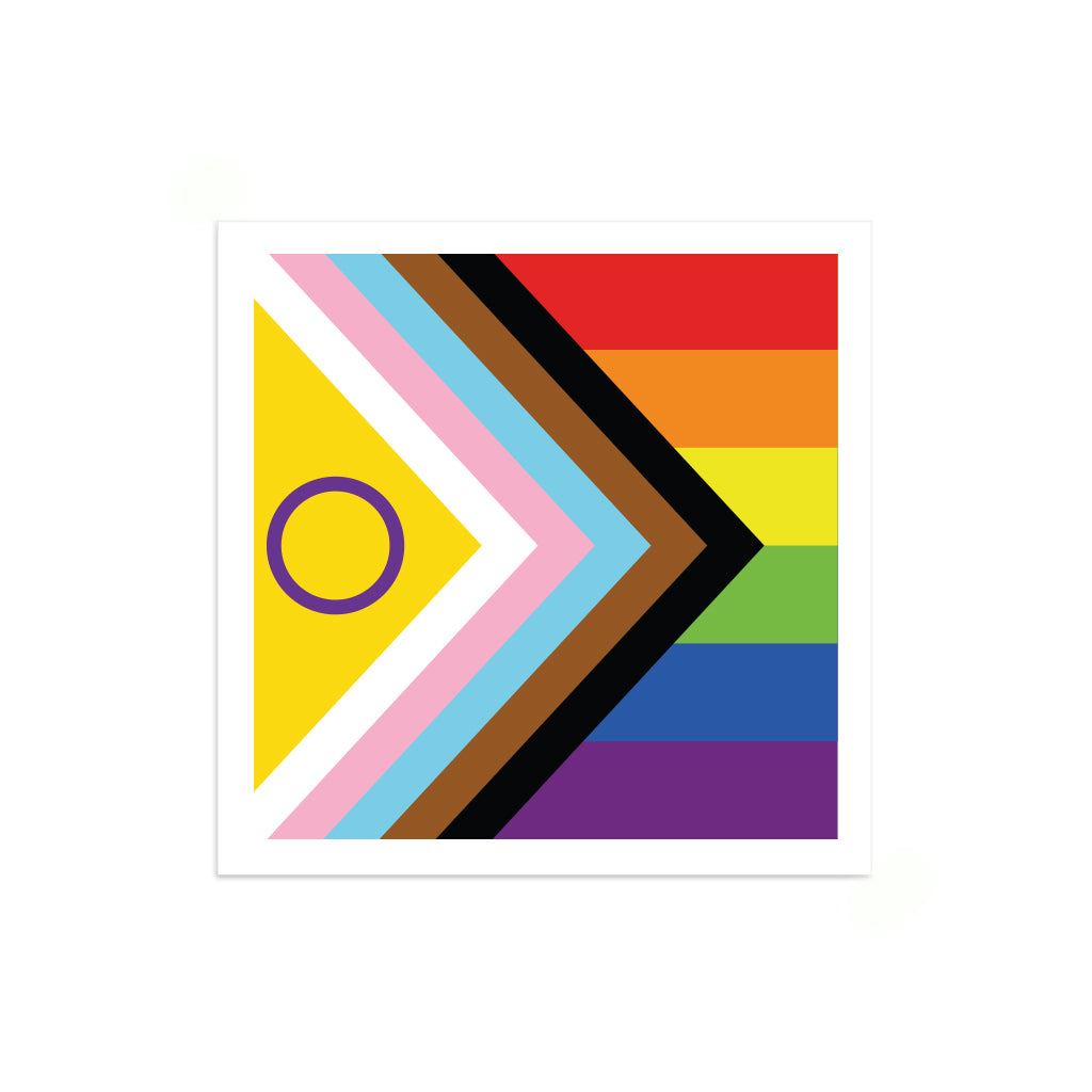 Vinyl sticker of the Progress Pride flag featuring a yellow triangle with a purple circle, displayed alongside the traditional six-stripe rainbow flag.