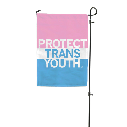Transgender pride garden flag displaying the message PROTECT TRANS YOUTH to advocate for transgender equality.