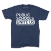 A heather denim shirt with white ink that says, "Public schools unite us. Wisconsin Public Education Network"