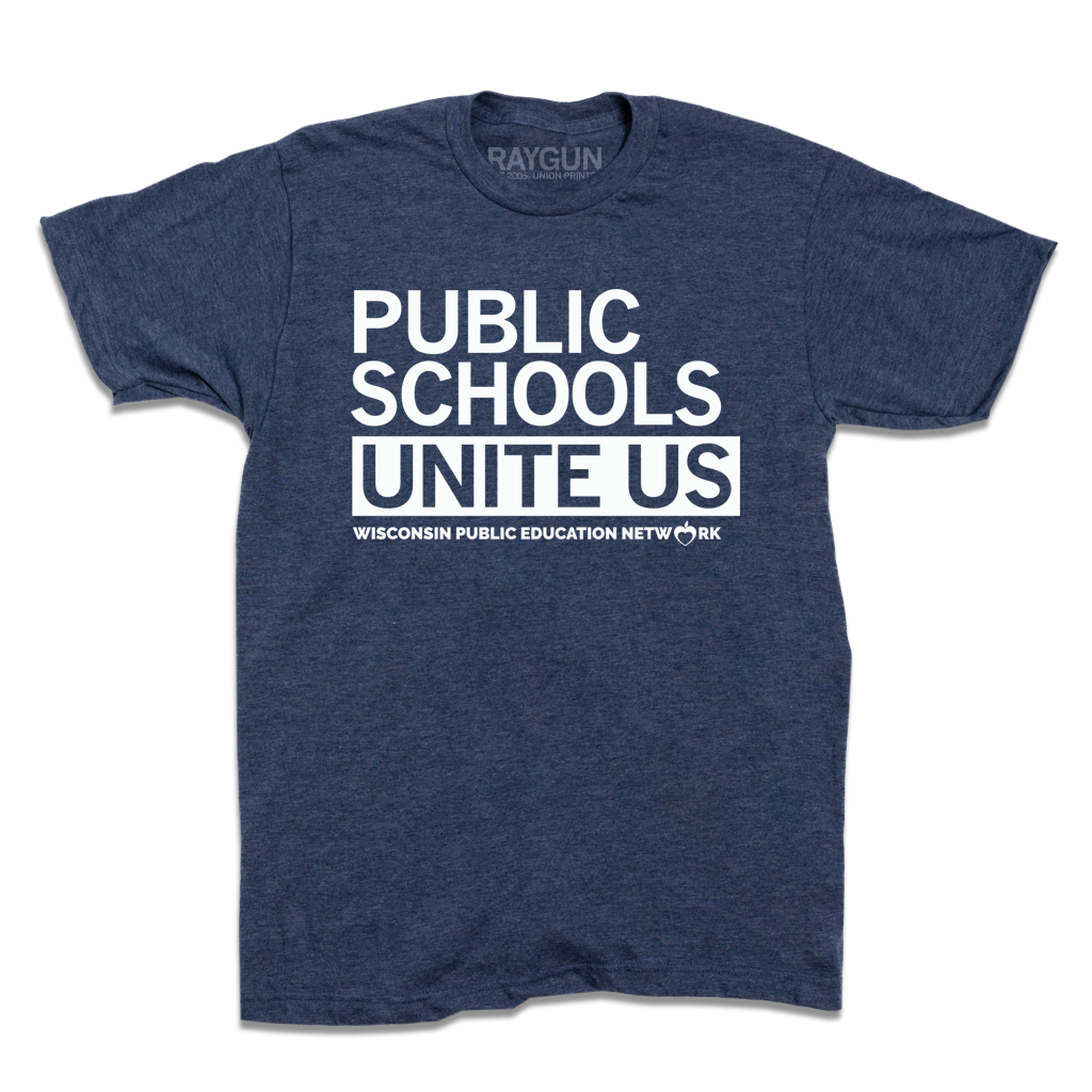 A heather denim shirt with white ink that says, "Public schools unite us. Wisconsin Public Education Network"