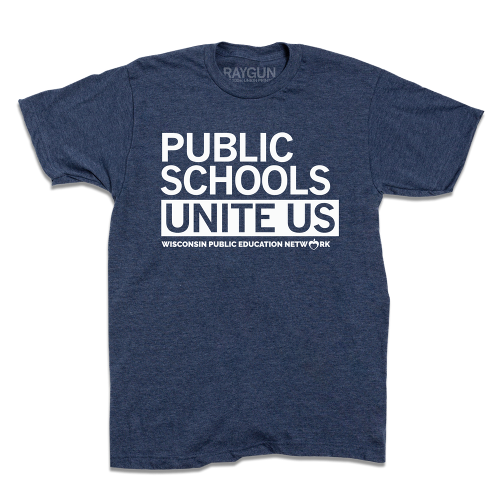 A heather denim shirt with white ink that says, "Public schools unite us. Wisconsin Public Education Network"