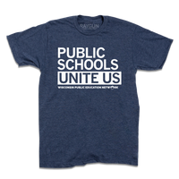 A heather denim shirt with white ink that says, "Public schools unite us. Wisconsin Public Education Network"