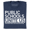 Folded heather navy t-shirt with white ink that says, "Public schools unite us. Wisconsin Public Education Network"