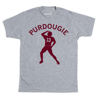 A heather grey t-shirt with maroon ink that reads "Purdoughie" of an illustration of Brock Purdy doing The Dougie