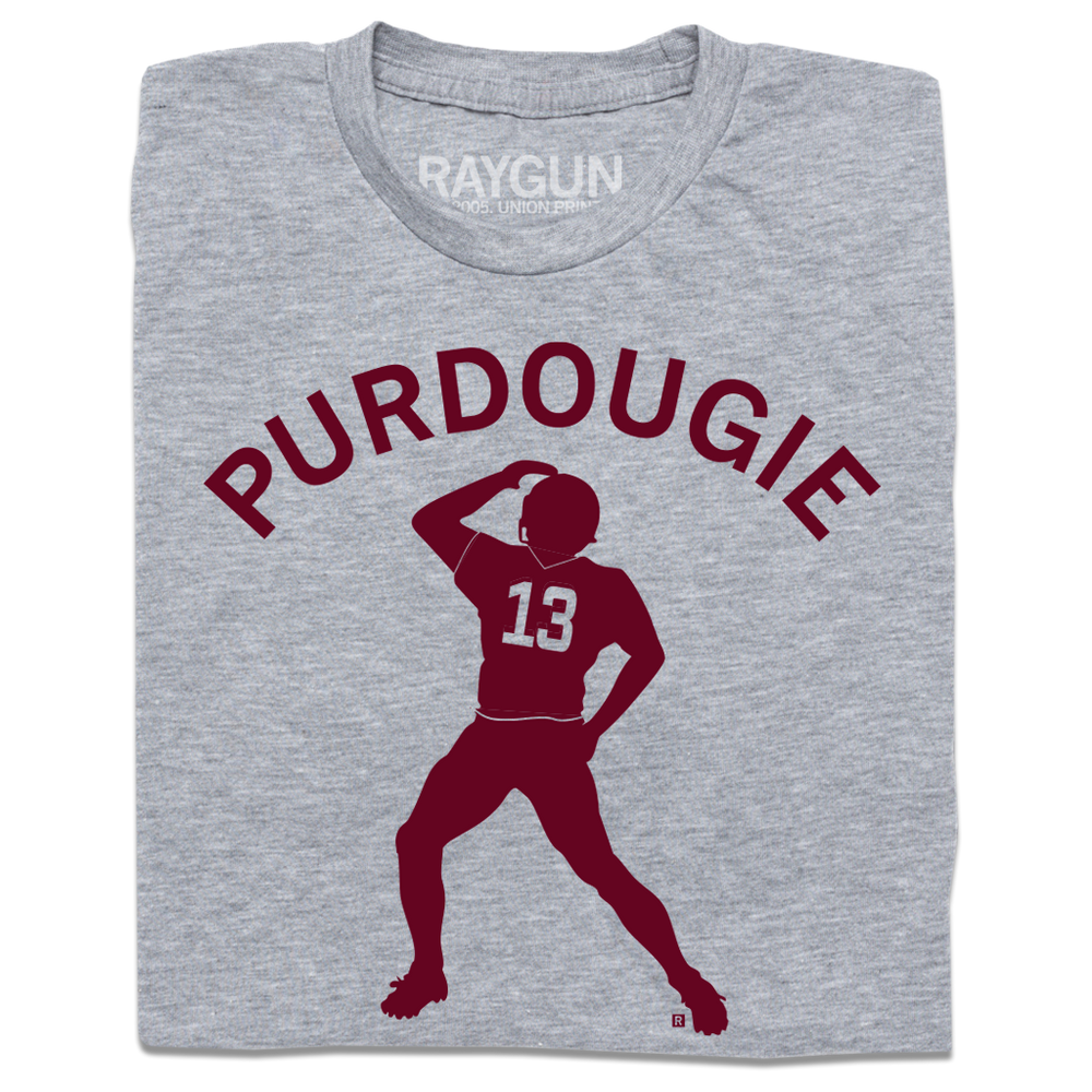Heather grey shirt with maroon ink that reads "Purdoughie" of an illustration of Brock Purdy doing The Dougie