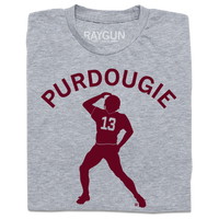 Heather grey shirt with maroon ink that reads "Purdoughie" of an illustration of Brock Purdy doing The Dougie