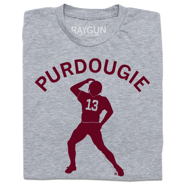 Heather grey shirt with maroon ink that reads 