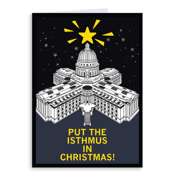 Holiday card with an illustration of Wisconsin's Capitol with a star on top of it like a Christmas tree with the text 