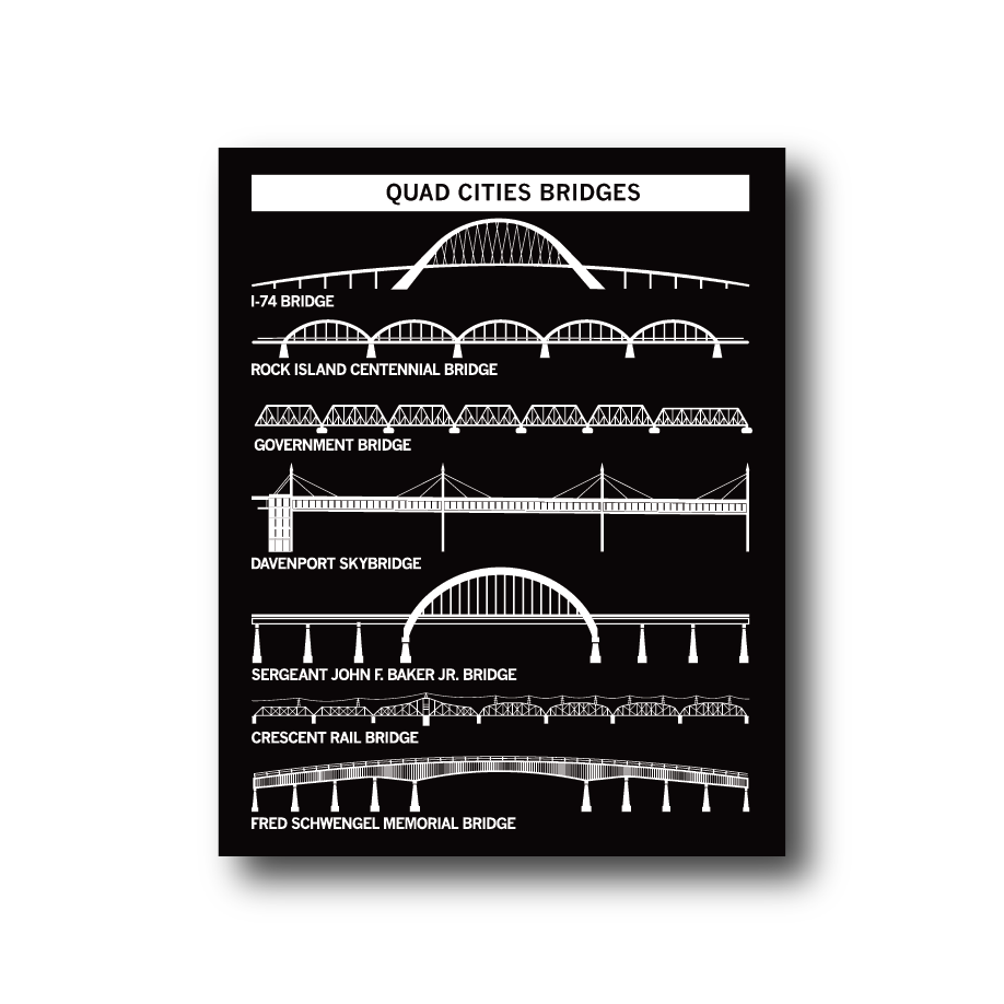 A RAYGUN poster titled Quad Cities Bridges showing white-line illustrations of seven local bridges, each labeled with its name.