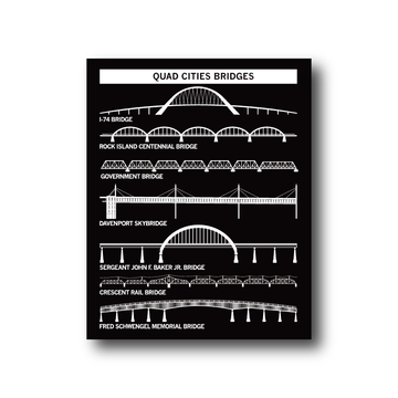A RAYGUN poster titled Quad Cities Bridges showing white-line illustrations of seven local bridges, each labeled with its name.
