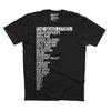 A black Quad Cities T-shirt featuring a list of area locations printed in white text.