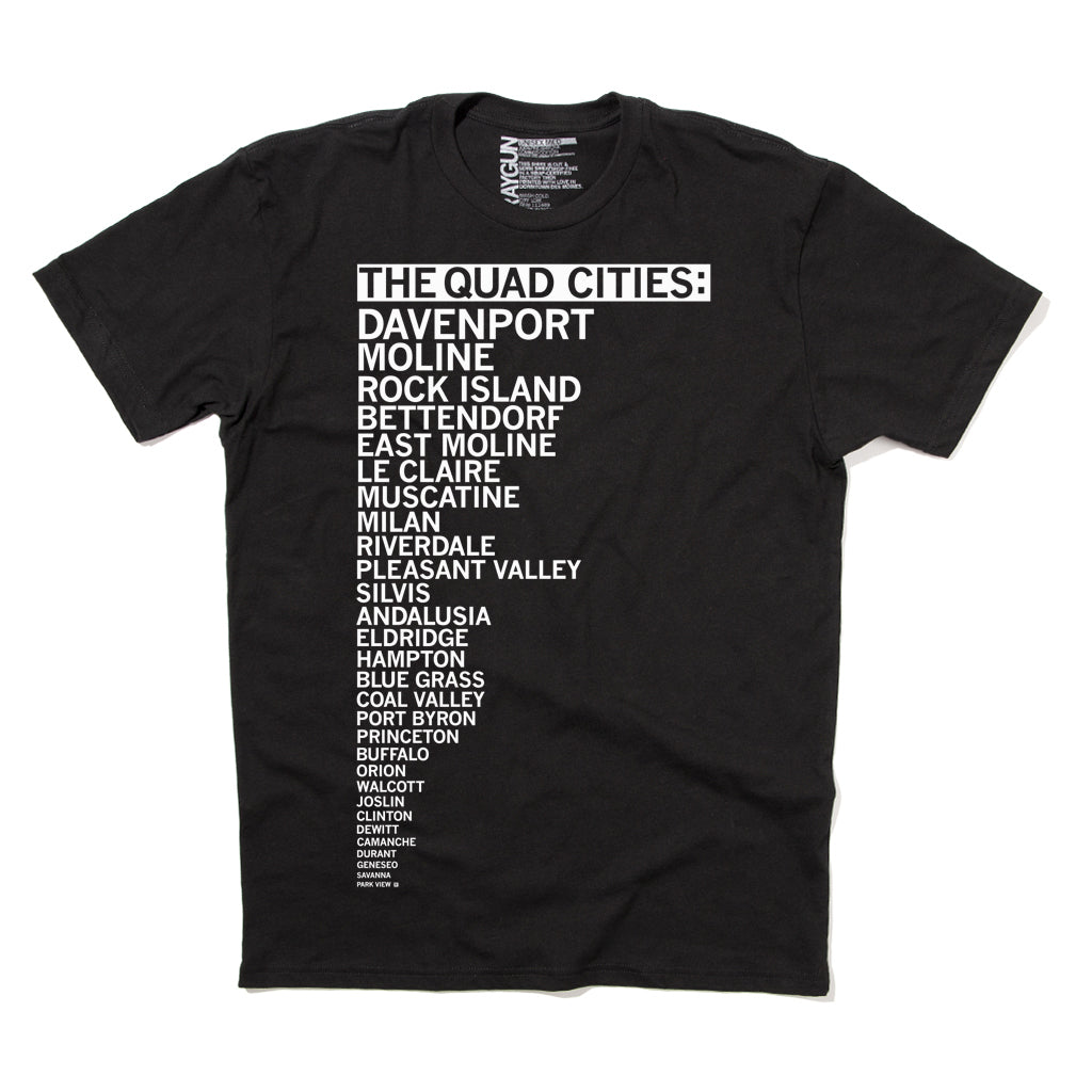 A black Quad Cities T-shirt featuring a list of area locations printed in white text.