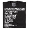 Black union labor t-shirt featuring white text that lists The Quad Cities and surrounding town names.