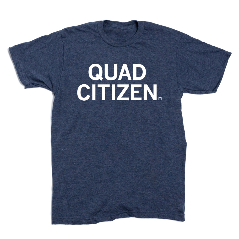 Heather denim t-shirt with centered white ink text that reads "Quad Citizen"