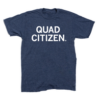 Heather denim t-shirt with centered white ink text that reads "Quad Citizen"