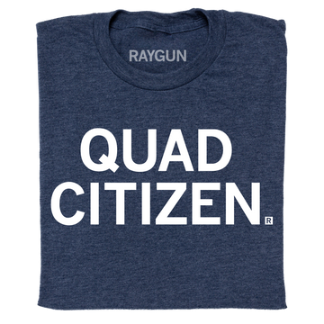 A folded heather navy t-shirt with centered white ink text that reads "Quad Citizen"