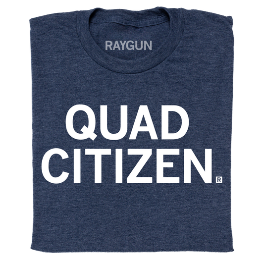 A folded heather navy t-shirt with centered white ink text that reads "Quad Citizen"