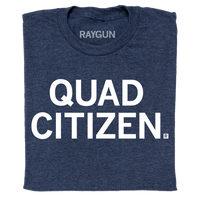 A folded heather navy t-shirt with centered white ink text that reads "Quad Citizen"