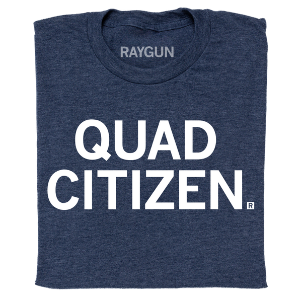 A folded heather navy t-shirt with centered white ink text that reads 