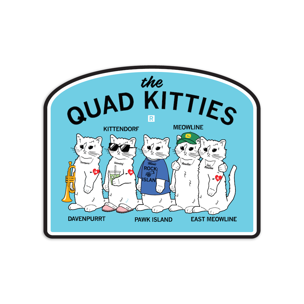 A RAYGUN vinyl sticker titled The Quad Kitties, featuring five cartoon cats labeled Davenpurrt, Kittendorf, Pawk Island, Meowline, and East Meowline.