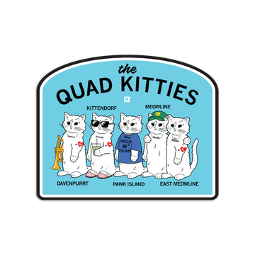 A RAYGUN vinyl sticker titled The Quad Kitties, featuring five cartoon cats labeled Davenpurrt, Kittendorf, Pawk Island, Meowline, and East Meowline.