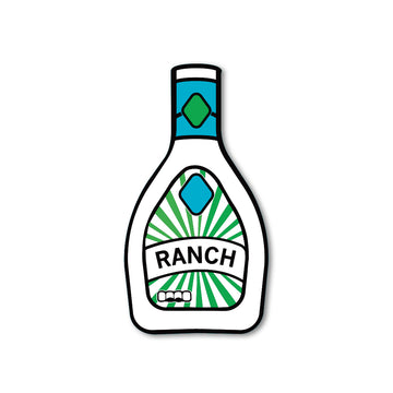 A die-cut vinyl sticker of a bottle of ranch dressing with a green sunburst label that says RANCH.