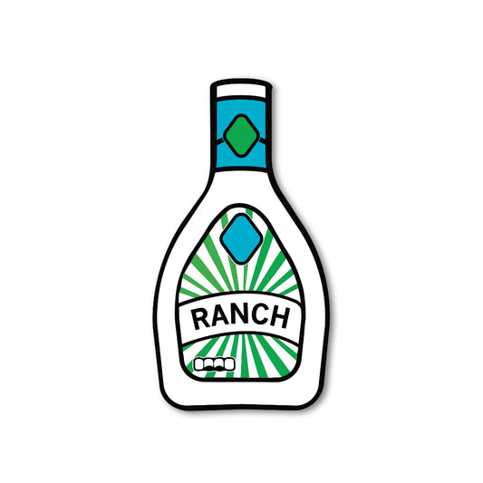 A die-cut vinyl sticker of a bottle of ranch dressing with a green sunburst label that says RANCH.