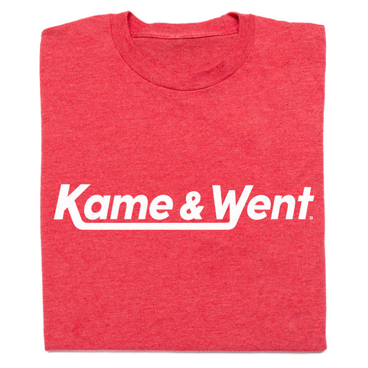 Red union-made RAYGUN crew neck t-shirt with the white text Kame & Went underlined.