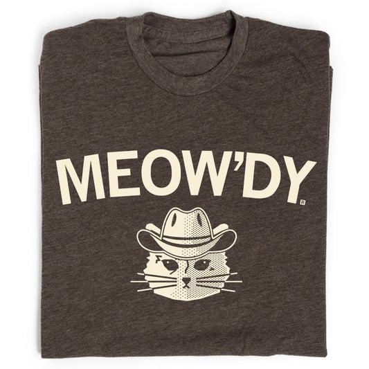 Charcoal gray RAYGUN t-shirt featuring the text MEOWDY above a graphic of a cat wearing a cowboy hat.