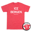 Heather red short-sleeved t-shirt with ICE BERGEN printed in white on the front and REILLY 2 printed on the back.