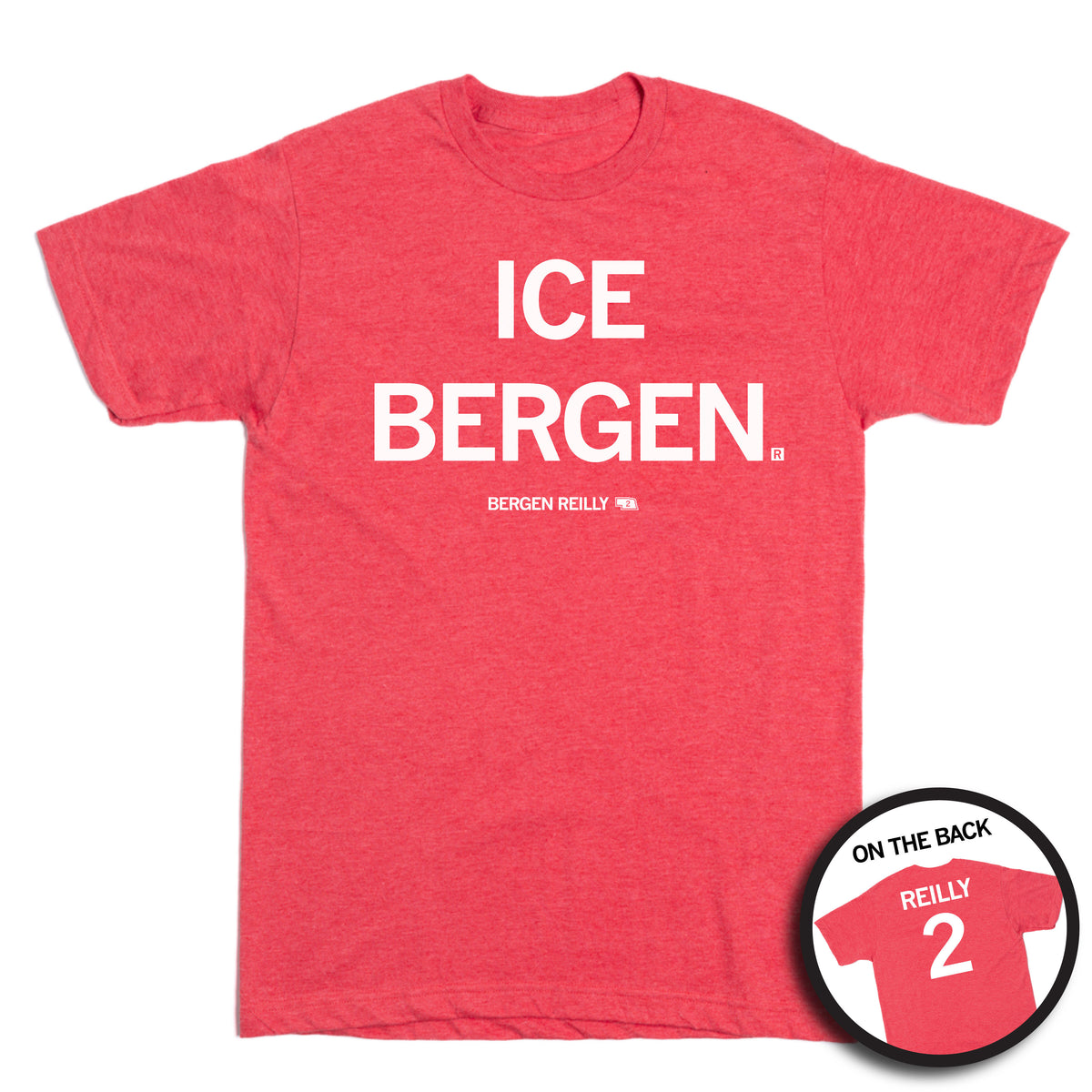Heather red short-sleeved t-shirt with ICE BERGEN printed in white on the front and REILLY 2 printed on the back.