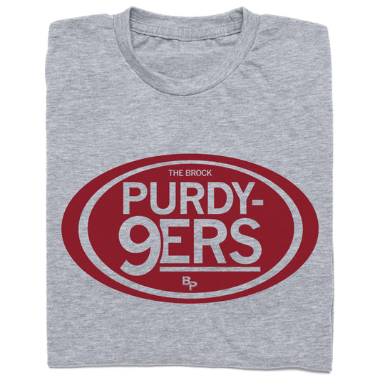 Heather grey t-shirt featuring a maroon oval graphic that says The Brock Purdy-9ers with a BP logo below.