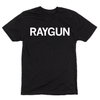 Short-sleeve black t-shirt with white print that says, "RAYGUN."