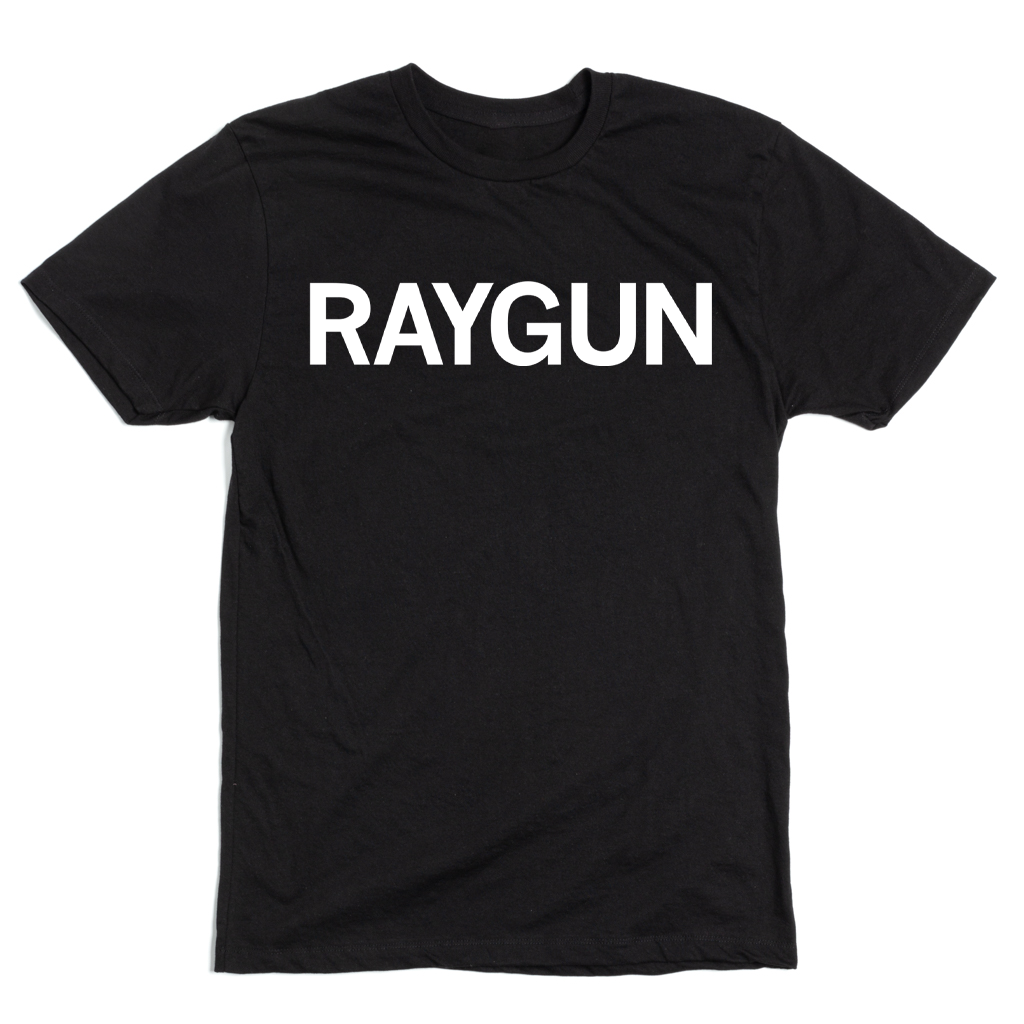 Short-sleeve black t-shirt with white print that says, "RAYGUN."