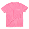Comfort Colors heavyweight neon pink t-shirt with small, white text over the left side of that chest with our name.