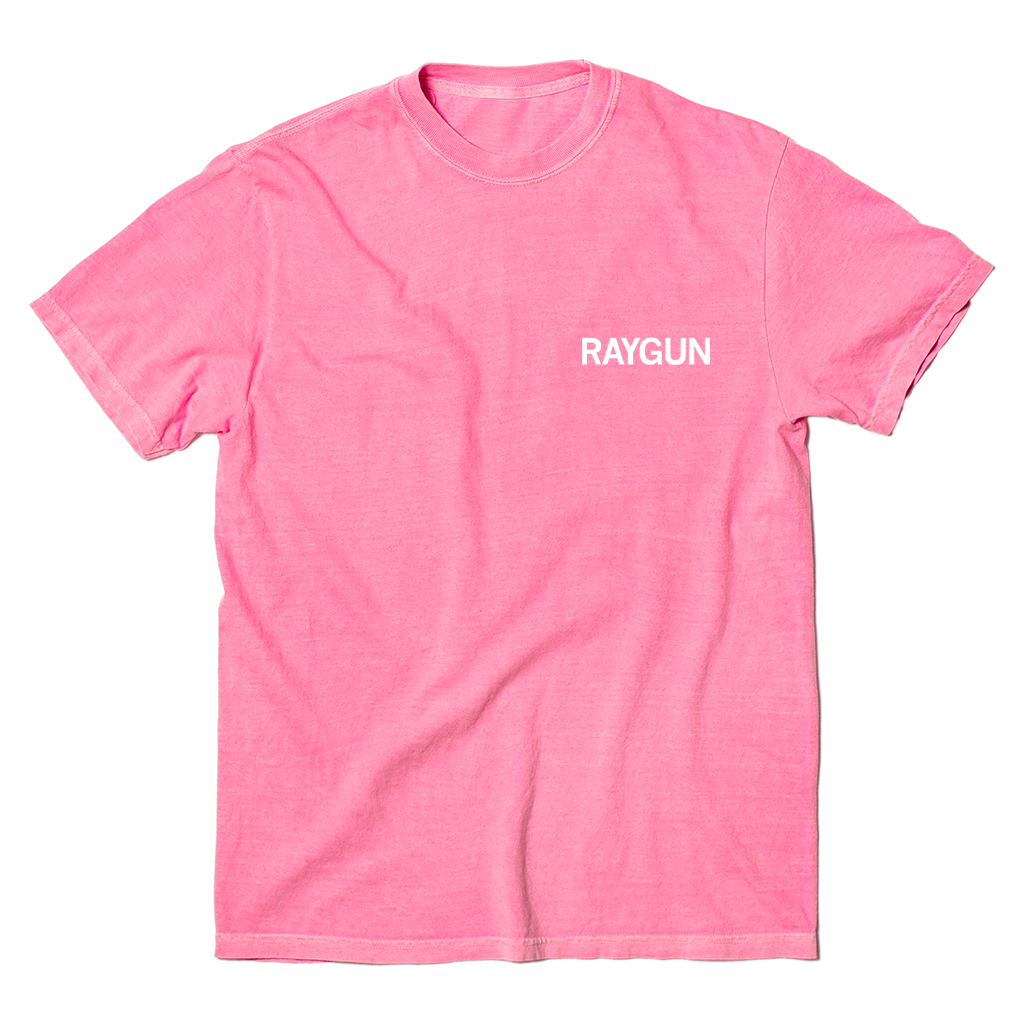 Comfort Colors heavyweight neon pink t-shirt with small, white text over the left side of that chest with our name.