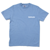 Comfort Colors washed denim blue t-shirt with white print across the left side of the chest that says, "RAYGUN."