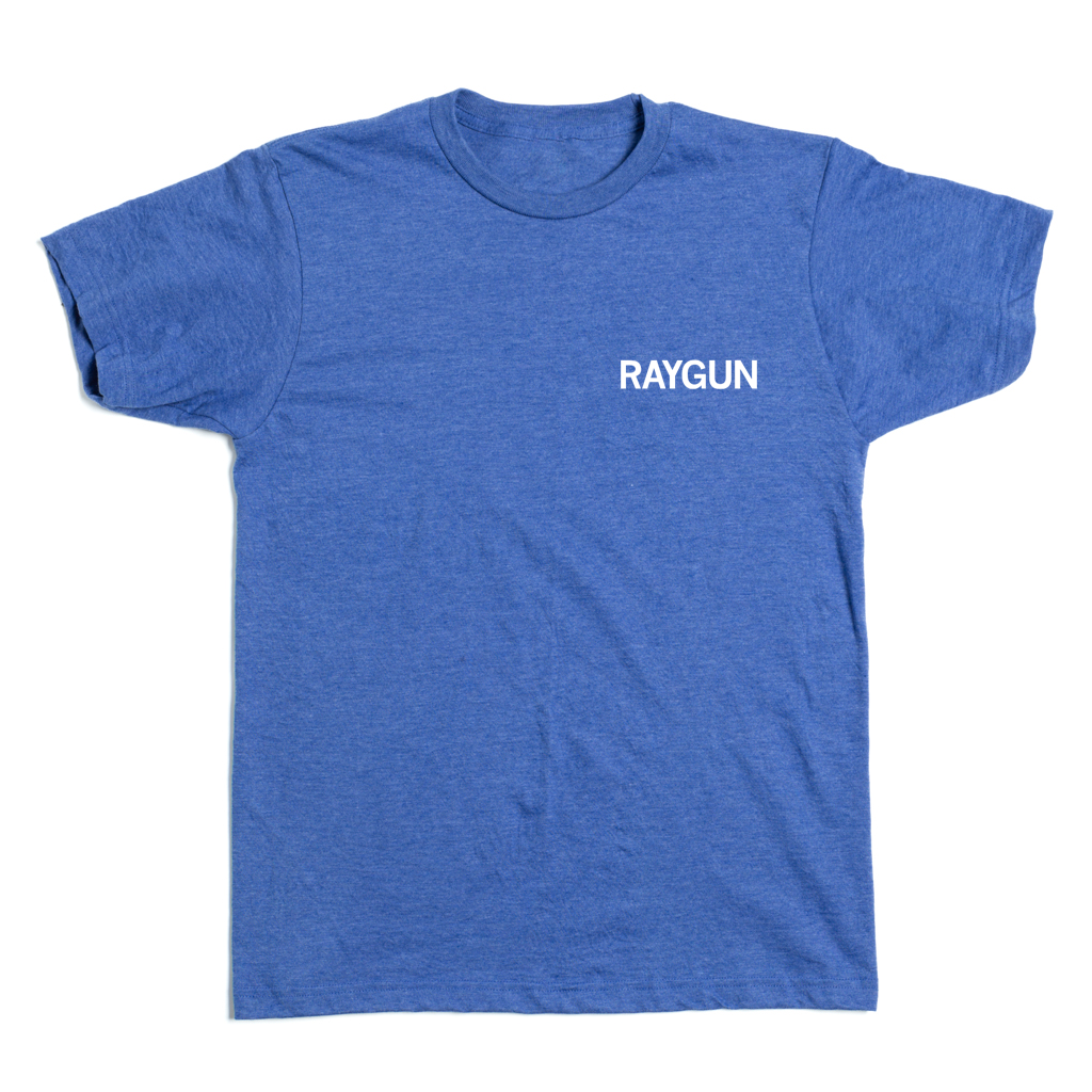 A heather royal blue t-shirt with white ink text that says, "RAYGUN" on the left side of the chest.