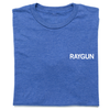 A folded heather royal blue t-shirt with "RAYGUN" printed in white over the left side of the chest.