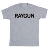 Short-sleeve heather grey t-shirt with blank ink text that says, "RAYGUN" in all caps.