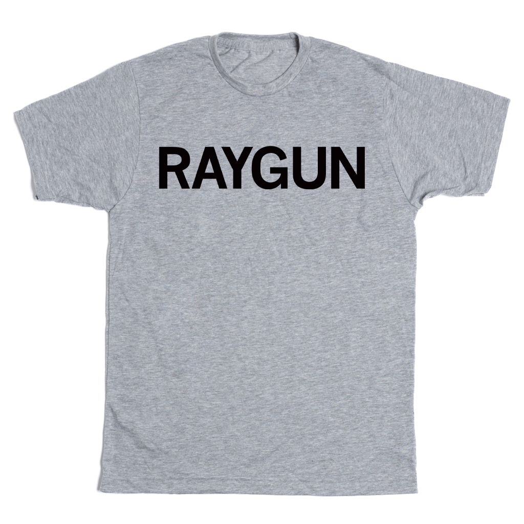 Short-sleeve heather grey t-shirt with blank ink text that says, "RAYGUN" in all caps.