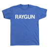 Heather royal blue tee with white text that says, "RAYGUN."