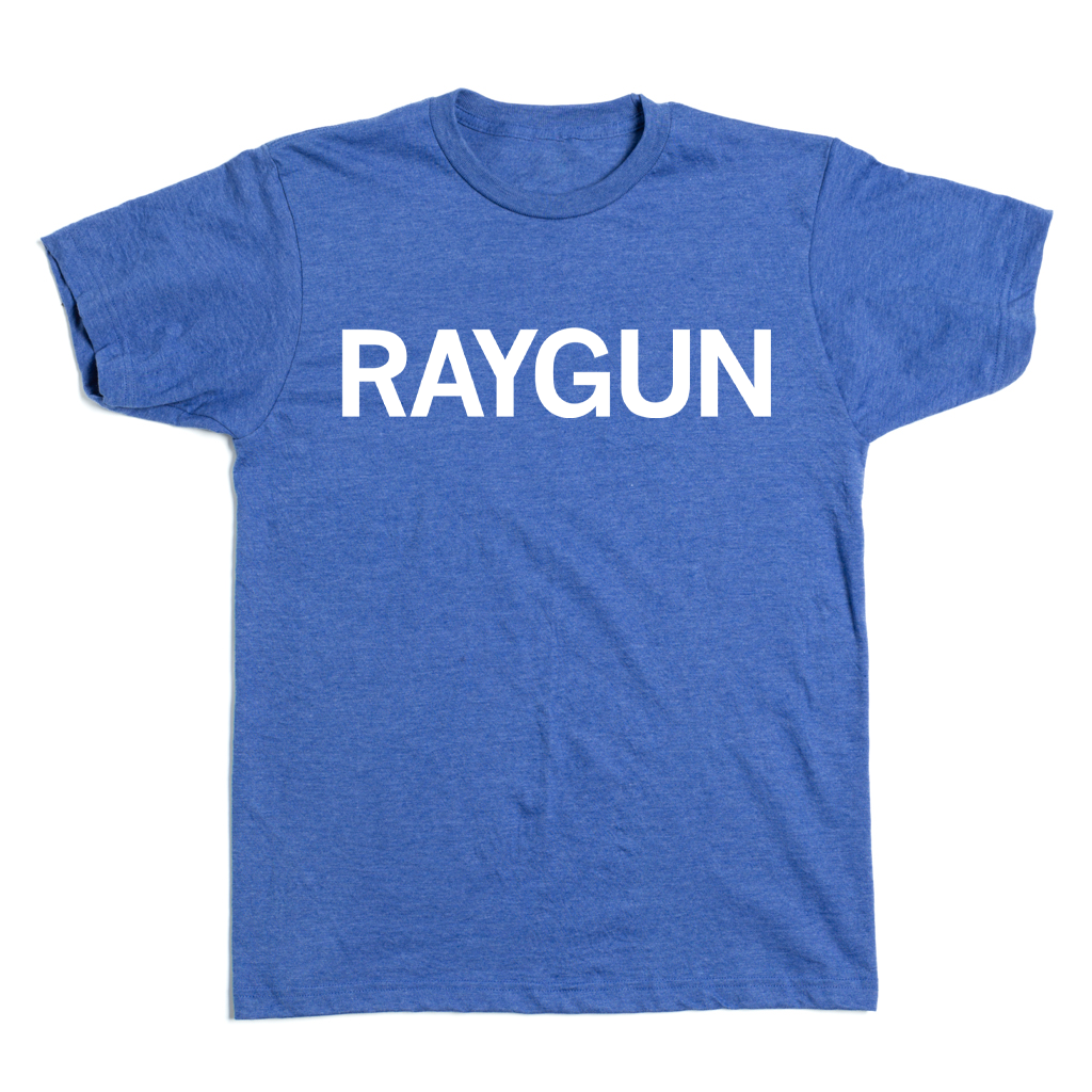 Heather royal blue tee with white text that says, "RAYGUN."